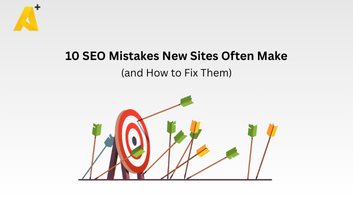 Illustration highlighting common SEO mistakes for new websites with solutions to improve rankings and search visibility.