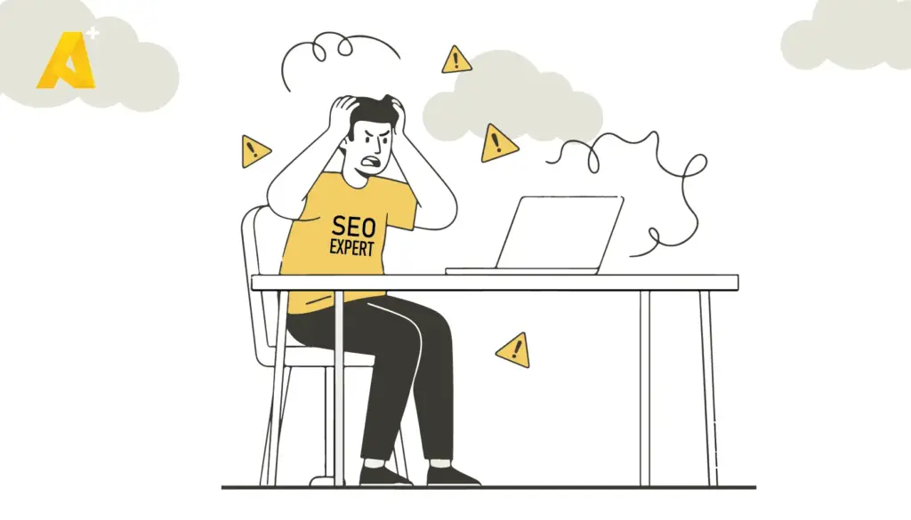 Illustration highlighting common SEO mistakes for new websites including poor site structure, missing meta tags, slow speed, and weak keyword strategy.